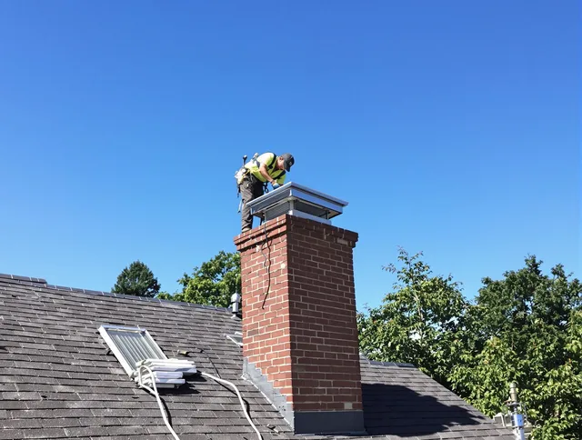 Newark Chimney Sweep technician measuring a chimney cap in Newark, OH
